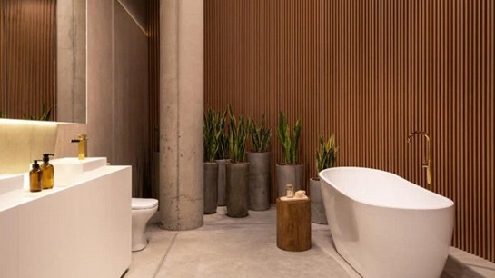 Um banheiro bem planejado e moderno, enfatizando a organização e o design elegante.