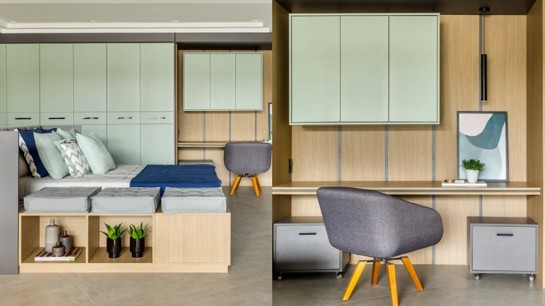 Móveis brancos que abraçam o ambiente e passam um ar de leveza.