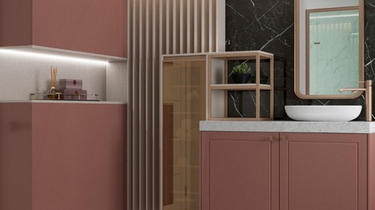 Utilidade encontra design em uma sala de banho feita sob medida para você.